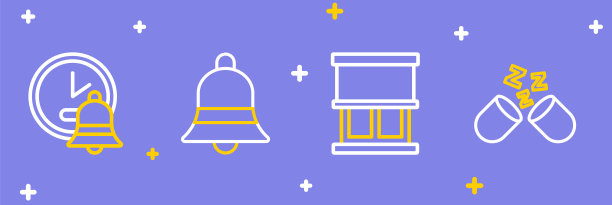 设置线路安眠药，窗帘窗，铃声和闹钟图标。向量图片下载