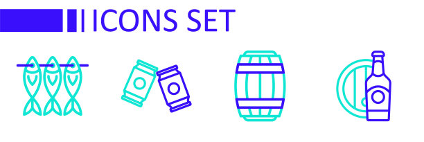 集啤酒瓶、木桶、木罐、鱼干为一体。向量图片下载