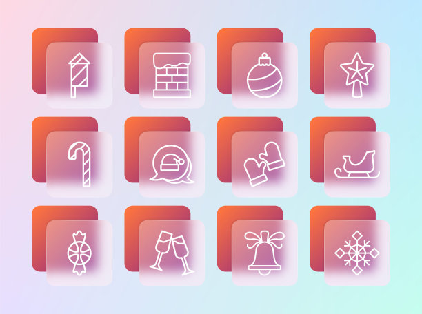 设置线圣诞星，香槟，手套，铃声，圣诞老人的帽子，球，烟花火箭和烟囱图标。向量图片下载