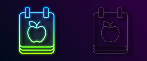 发光的霓虹灯线饮食计划图标孤立在孤立的黑色背景上。健身马拉松理念，适当营养，健康食品，美体，蔬菜，瘦身。向量图片下载