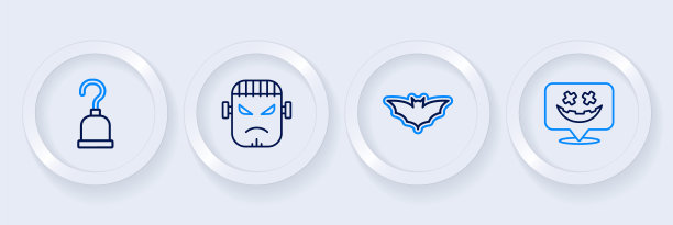 万圣节假期快乐，飞行蝙蝠，弗兰肯斯坦的脸和海盗钩图标。向量图片下载