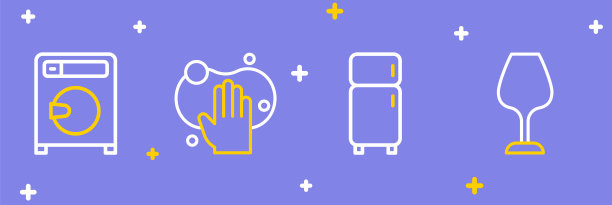 设置线酒杯，冰箱，海绵和洗衣机图标。向量图片下载