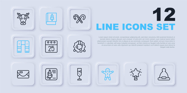 集线圣诞星，圣诞老人帽，日日历，节日姜饼人饼干，冬季围巾，明信片，书和香槟图标的玻璃。向量图片下载