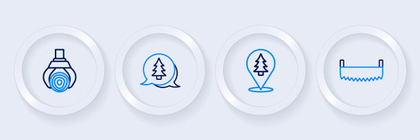 设置线双手锯，森林的位置，树和抓斗起重机抓取原木图标。向量图片下载