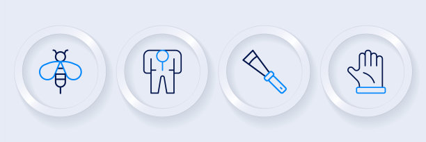 设置线养蜂人手套，养蜂刀，服装和图标。向量图片下载