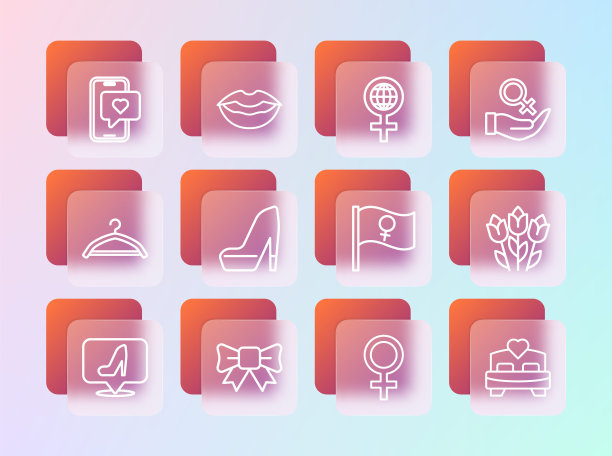 设定线女性性别符号，礼物弓，女权主义者，女鞋，国际妇女节，手机与心脏和微笑的嘴唇图标。向量图片下载