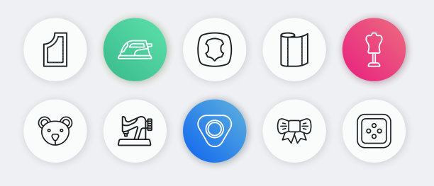 集线缝纫粉笔，人体模型，泰迪熊毛绒玩具，礼品弓，纺织织物卷，皮革，衣服和机器图标按钮。向量图片下载