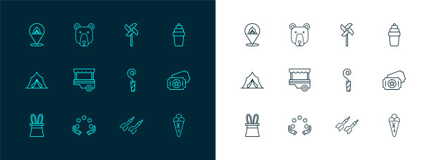 集线冰淇淋华夫饼，杂耍球，生日派对号角，飞镖箭，快街食品车，风车玩具，马戏团帐篷和熊头图标。向量图片下载