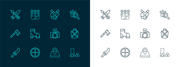 设置线爪搜索，狙击手光学瞄准具，照相机，狩猎地点，猎人靴子，弹弓，十字子弹与箭头和箭袋箭头图标。向量图片下载