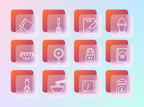 将鸡蛋放在架子上，亚洲面条放在碗里，磨碎器，微波炉，煎锅，切菜板刀，一包胡椒和厨房搅拌器图标。向量图片下载