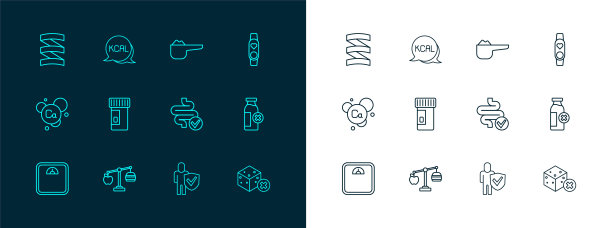 设置线智能手表与心脏，卡路里计算器，肠，健康的生活方式，维生素，运动营养蛋白，和Kcal图标。向量图片下载