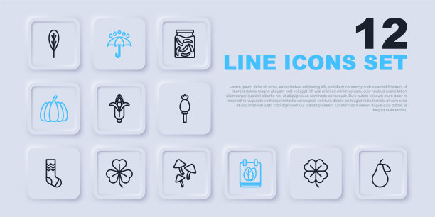 集线四叶三叶草，梨，玉米，日历与秋叶，南瓜，三叶草，伞和雨滴和蘑菇图标。向量图片下载