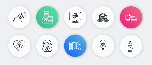 设置线手风琴，小妖精靴子，心脏与三叶草三叶草，气球，奖章，三叶草，啤酒和壶金币的玻璃杯图标。向量图片下载