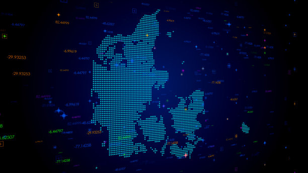 未来的蓝色彩色闪亮的数字技术Hud点马赛克网格丹麦地图透视视图与数字技术粒子图片下载