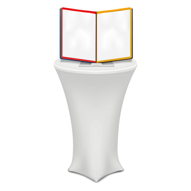 SOP桌面在促销桌上矢量模型。空白信息显示与翻转彩色口袋在白色圆形柜台站现实的模型。设计模板图片下载