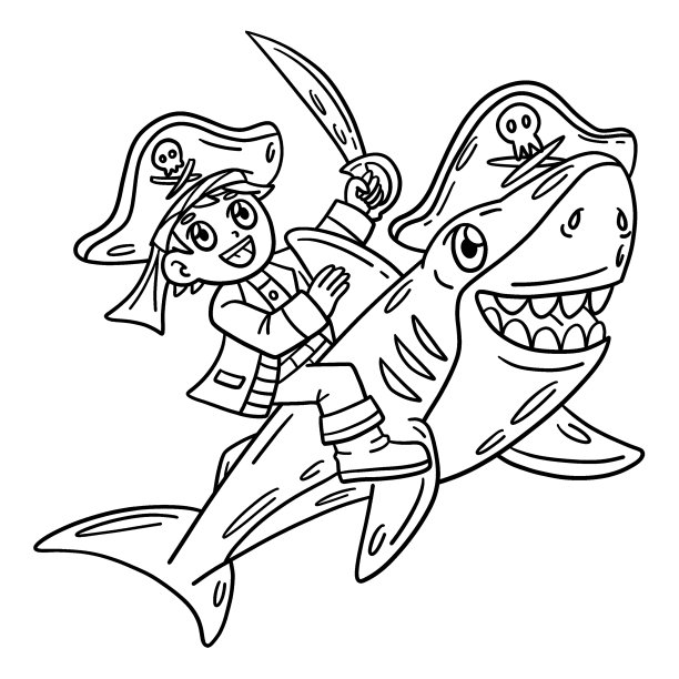 海盗和鲨鱼孤立的儿童着色页图片下载