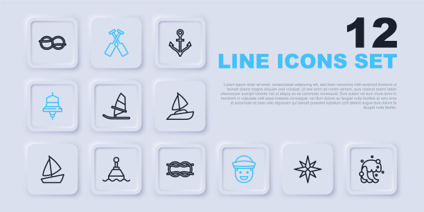 集线风玫瑰，海啸，风帆冲浪，水手，船钟，浮动浮标，交叉桨桨船和航海绳结图标。向量图片下载