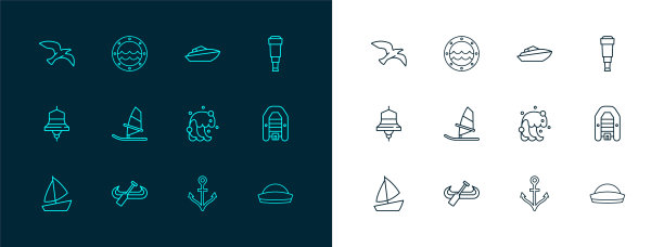 设置线望远镜望远镜镜头，皮艇和桨，海啸，锚，风帆冲浪，快艇，鸟海鸥和船舶舷窗图标。向量图片下载