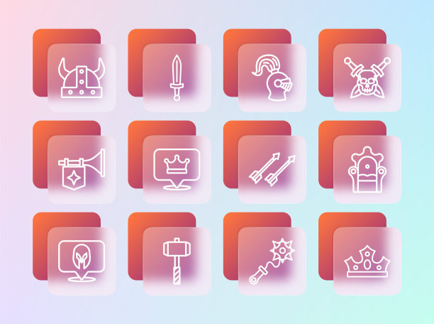 设置线头骨与剑，战锤，中世纪的箭头，狼牙棒钉，国王王冠，头盔，维京角和图标。向量图片下载