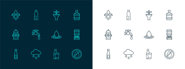 大瓶清洁水，云雨，水滴，玻璃瓶，水龙头，喷泉，滤芯和图标。向量图片下载