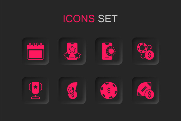 集手握赌场筹码，在线体育投注，日历，赌场与美元，交换，美式足球的钱，和扑克奖杯杯图标。向量图片下载