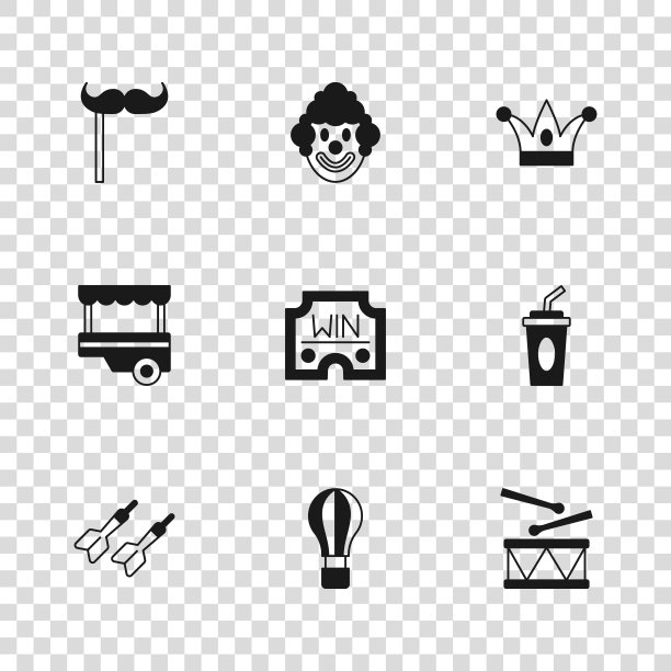 集热气球，纸玻璃与水，鼓鼓棒，赌场赢，小丑帽子铃铛，胡子，小丑头和快街食品车的图标。向量图片下载