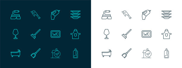 集线洗碗，簸箕，厕所，家庭清洁服务，拖把，便携式真空吸尘器，刷和图标。向量图片下载