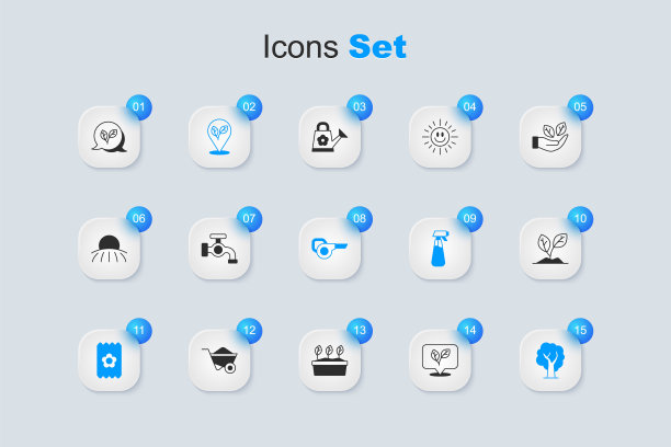 设置叶子，水龙头，位置与叶子，包装充满种子，树，发芽，和花园鼓风机图标。向量图片下载