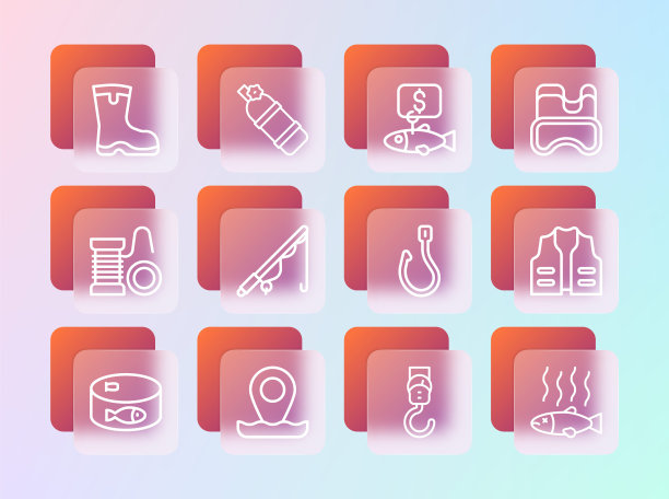 集线潜水面罩，位置钓鱼，钓鱼钩，弹簧刻度，杆，价格标签，靴子和aququalung图标。向量图片下载