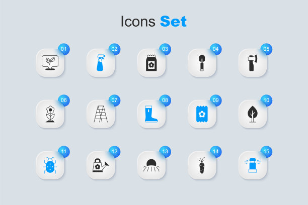 集胡萝卜，木制楼梯，花园喷水器的水，科罗拉多甲虫，自动灌溉喷水器，树，叶和防水橡胶靴图标。向量图片下载