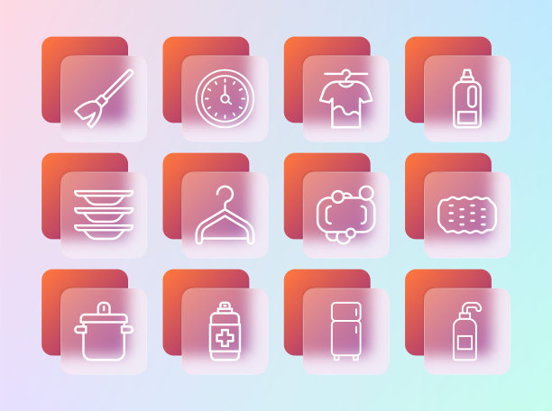 设洗洁精瓶、抗菌皂瓶、冰柜、晾衣架、晾衣瓶、扫帚瓶、时钟瓶。向量图片下载