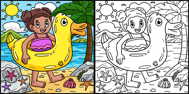 夏天的孩子游泳圈着色插图图片下载