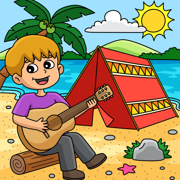 男孩夏季露营彩色卡通插图图片下载