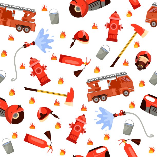 无缝图案与消防红色设备的元素。有梯子、消防栓和水管的消防车。装饰纺织品、包装纸、墙纸设计。织物印花。向量的概念图片下载