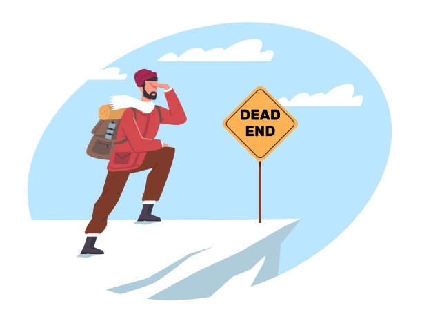 认识到人生的障碍并设法摆脱它们，人在前进的道路上遇到了僵局。一个人在爬山。实现目标。白雪皑皑的岩石山峰。矢量卡通平面孤立插图图片下载