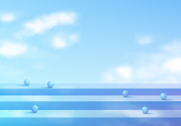 立体蓝色水晶楼梯裙台背景配以球珠和白云、蓝天的场景。最小模型产品展示演示，舞台展示。平台矢量几何设计。图片下载