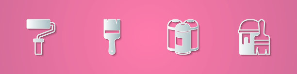 设有剪纸漆辊刷、喷壶和带图标的桶。纸艺风格。向量图片下载