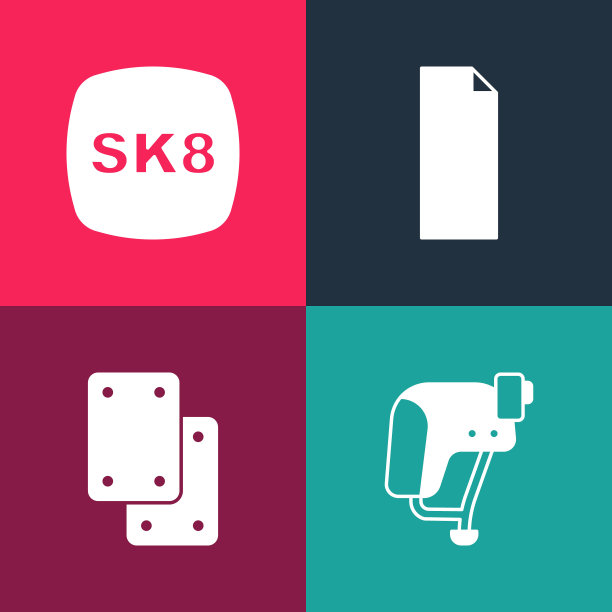 设置流行艺术滑板头盔，护膝，抓地力胶带上的滑板和图标。向量图片下载