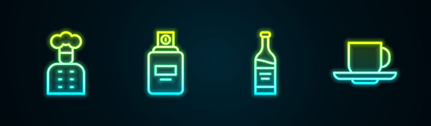 全套意大利厨具，香水，葡萄酒，咖啡杯。发光的霓虹灯图标。向量图片下载