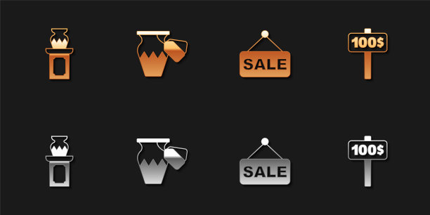 集拍卖古代花瓶，价格标签与销售和手持拍卖桨图标。向量图片下载
