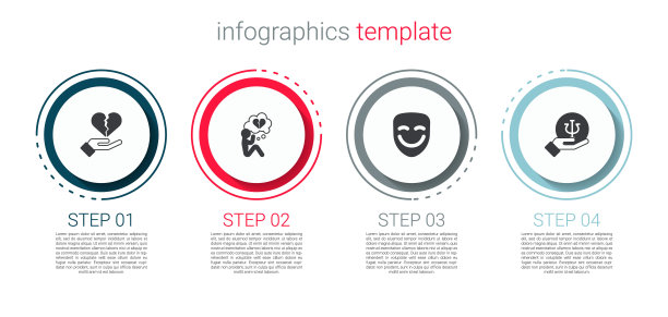 集心碎或离婚，喜剧戏剧面具和心理学，Psi。业务信息图表模板。向量图片下载