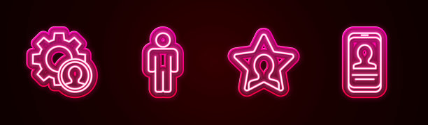 在简历中设置猎头、人力资源用户和移动电话。发光的霓虹灯图标。向量图片下载