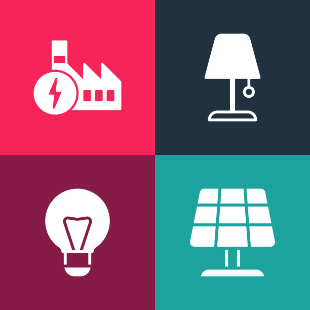 集波普艺术太阳能板，创意灯灯的想法，桌子和核电站的图标。向量图片下载