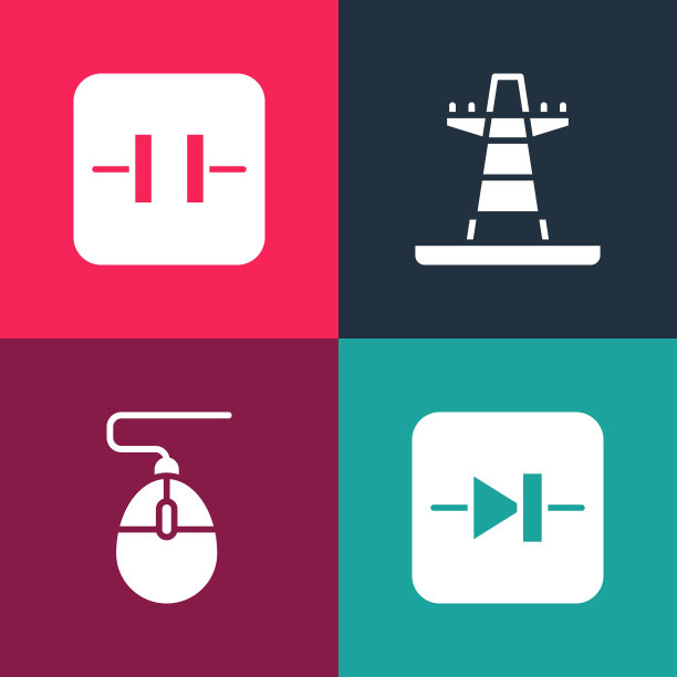 设置流行艺术二极管在电子电路，电脑鼠标，电力塔线和电解电容器图标。向量图片下载