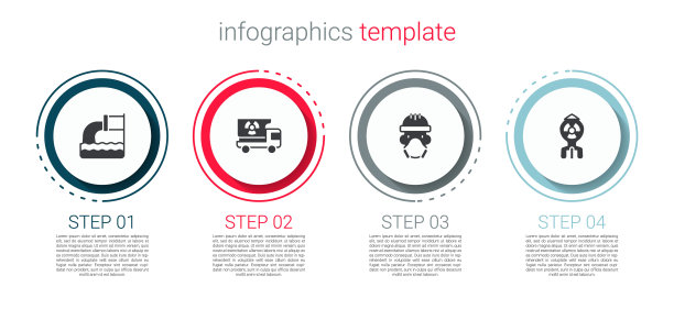 设置废水，装有辐射材料的卡车，核反应堆工人和炸弹。业务信息图表模板。向量图片下载