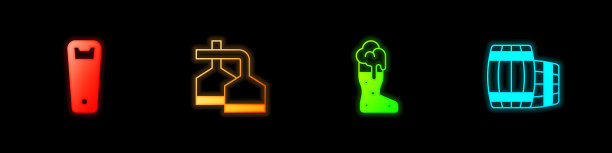 集开瓶器，啤酒酿造过程，开机啤酒玻璃和木桶图标。向量图片下载