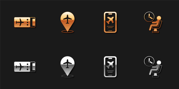 设置机票，飞机，手机和人类等待机场终端图标。向量图片下载