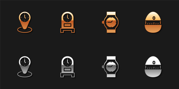 设置时区时钟，古董，手表和厨房计时器图标。向量图片下载