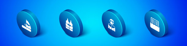 集等距风帆冲浪，潜水潜水潜水服，水球和救生衣图标。向量图片下载