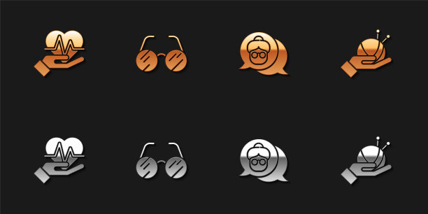 设置心率，眼镜，祖母和纱线球与针织针图标。向量图片下载